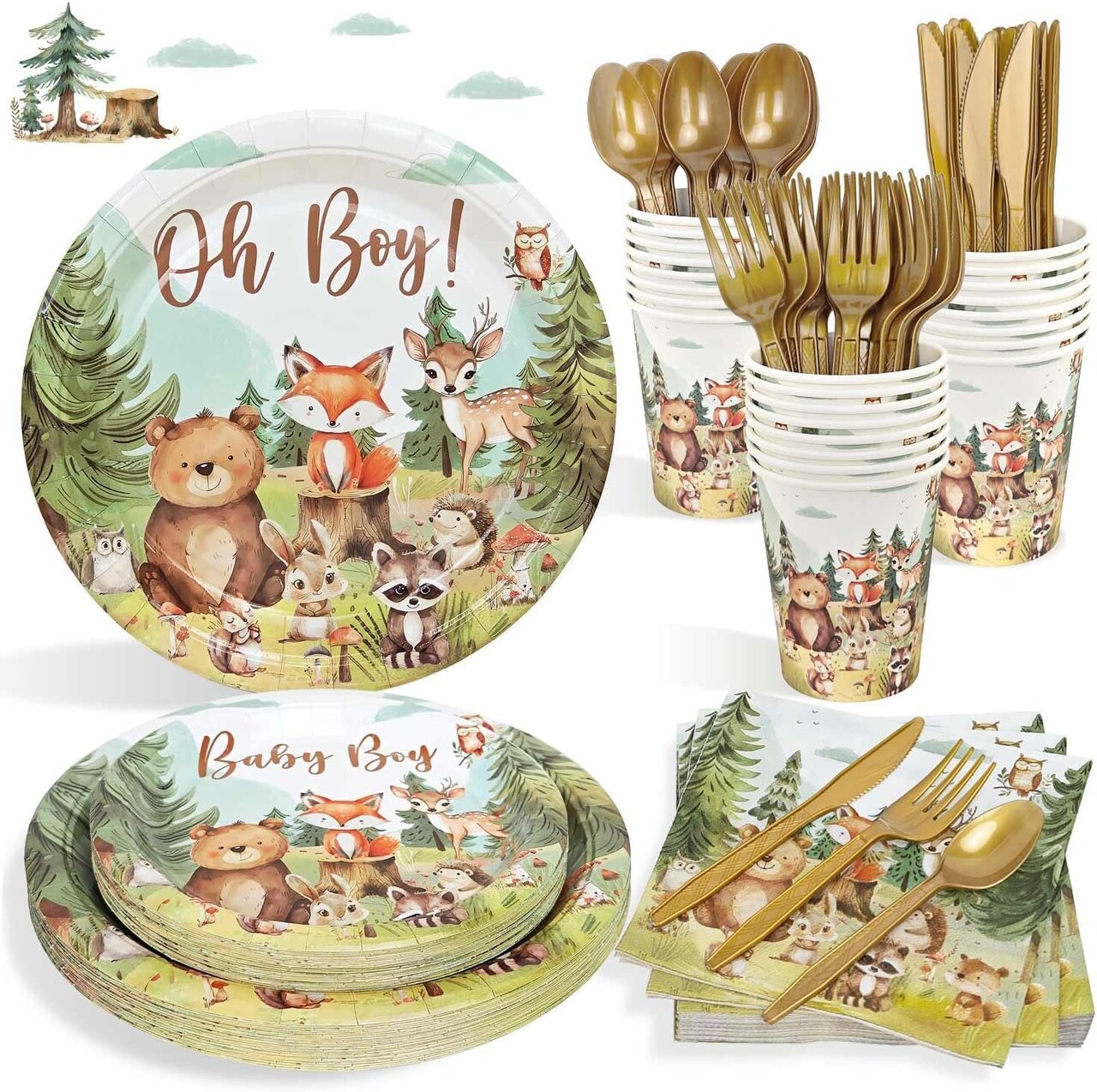 184pcs Woodland Animals Baby Shower Plates Set, Woodland Baby Shower Plates Napkins Cups Forks Tablecloth Banner Hanging Swirls Cupcake Toppers Balloons, 25 Guests